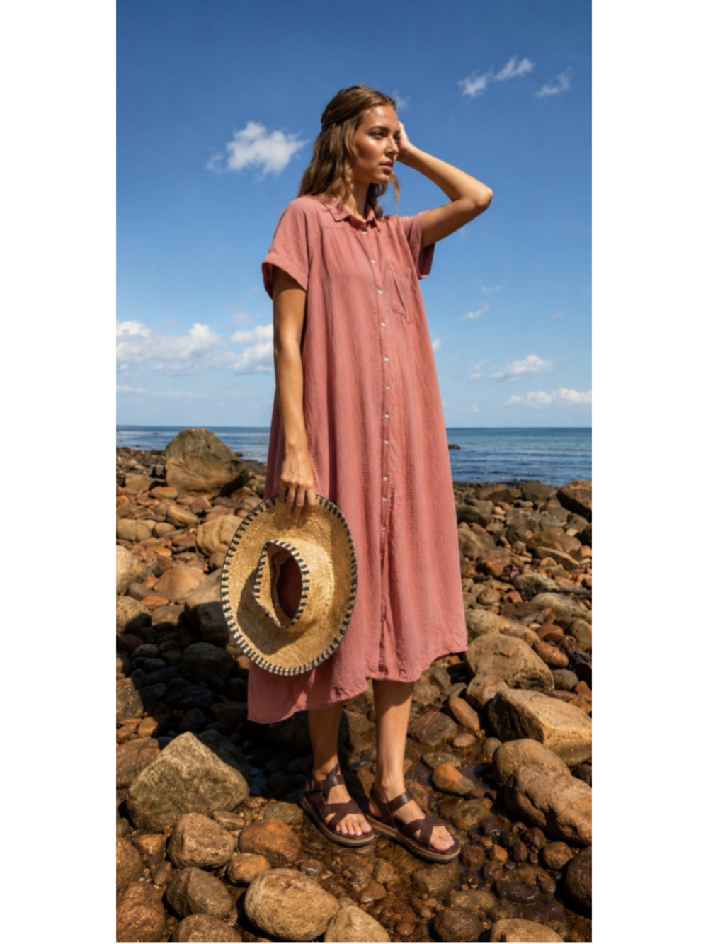 Free People Dusty Pink Midi Shirt Dress Button Front Pocket Oversized Beach Boho